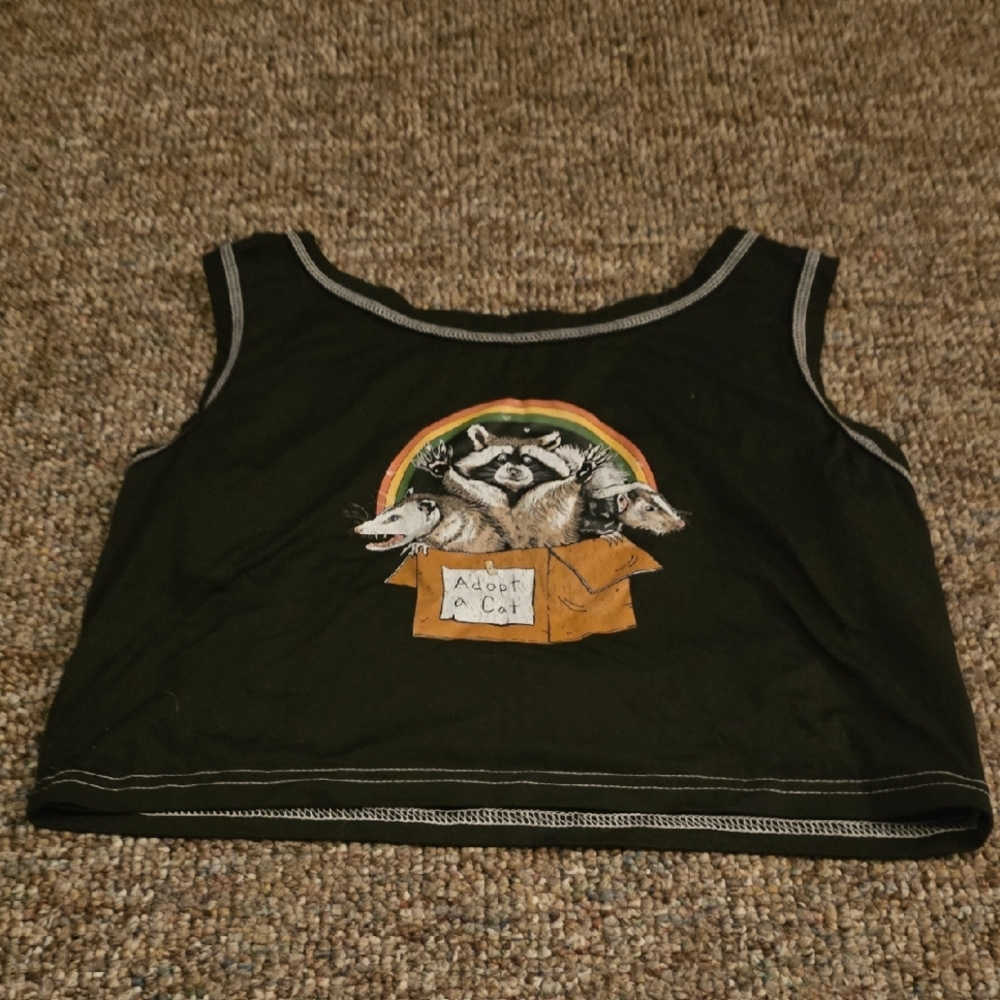 Black Tank Crop Top with Raccoon, Oppossum And Skunk Print